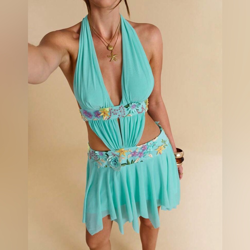 Floral Halter Dress in Aqua